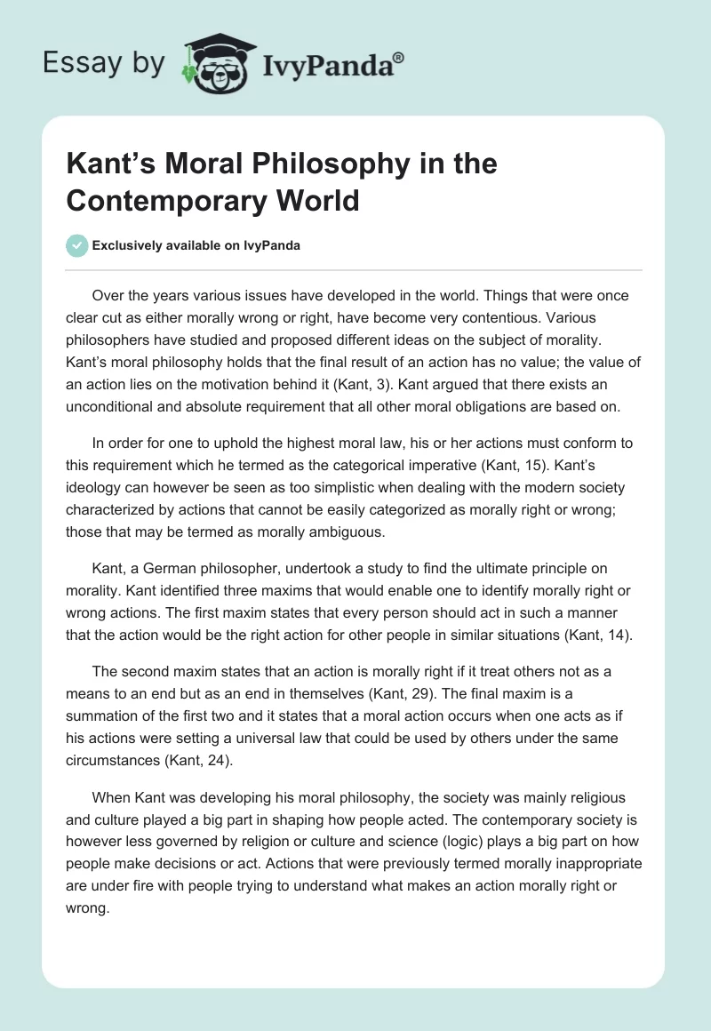 Kant’s Moral Philosophy in the Contemporary World. Page 1