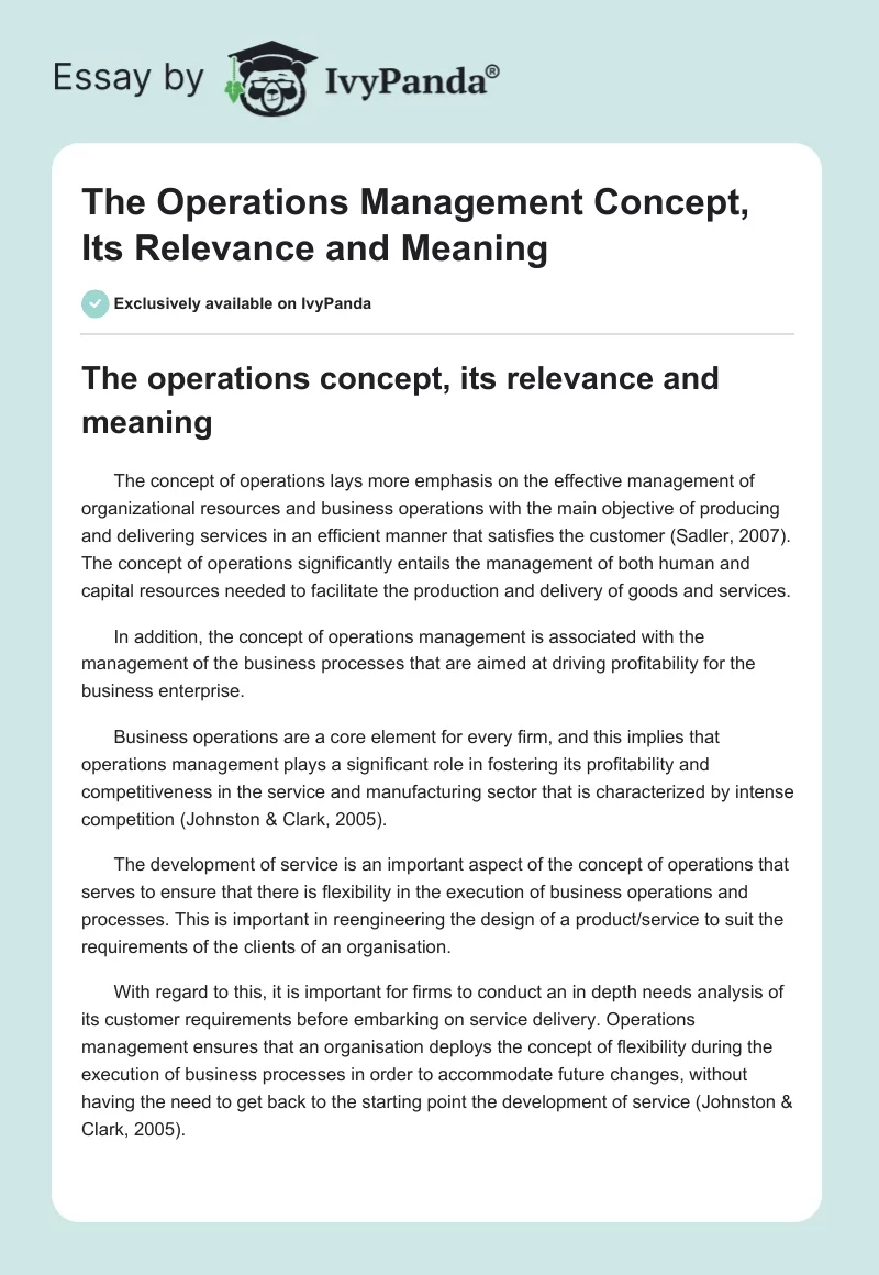 The Operations Management Concept, Its Relevance and Meaning. Page 1