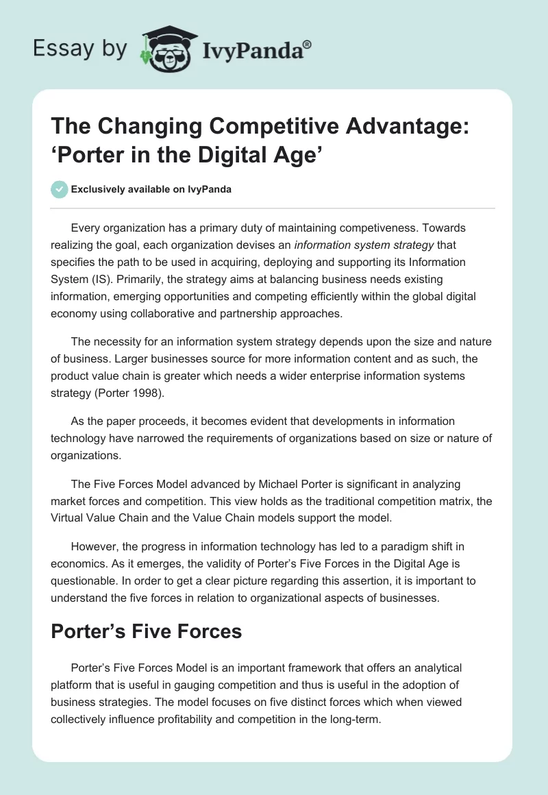 The Changing Competitive Advantage: ‘Porter in the Digital Age’. Page 1