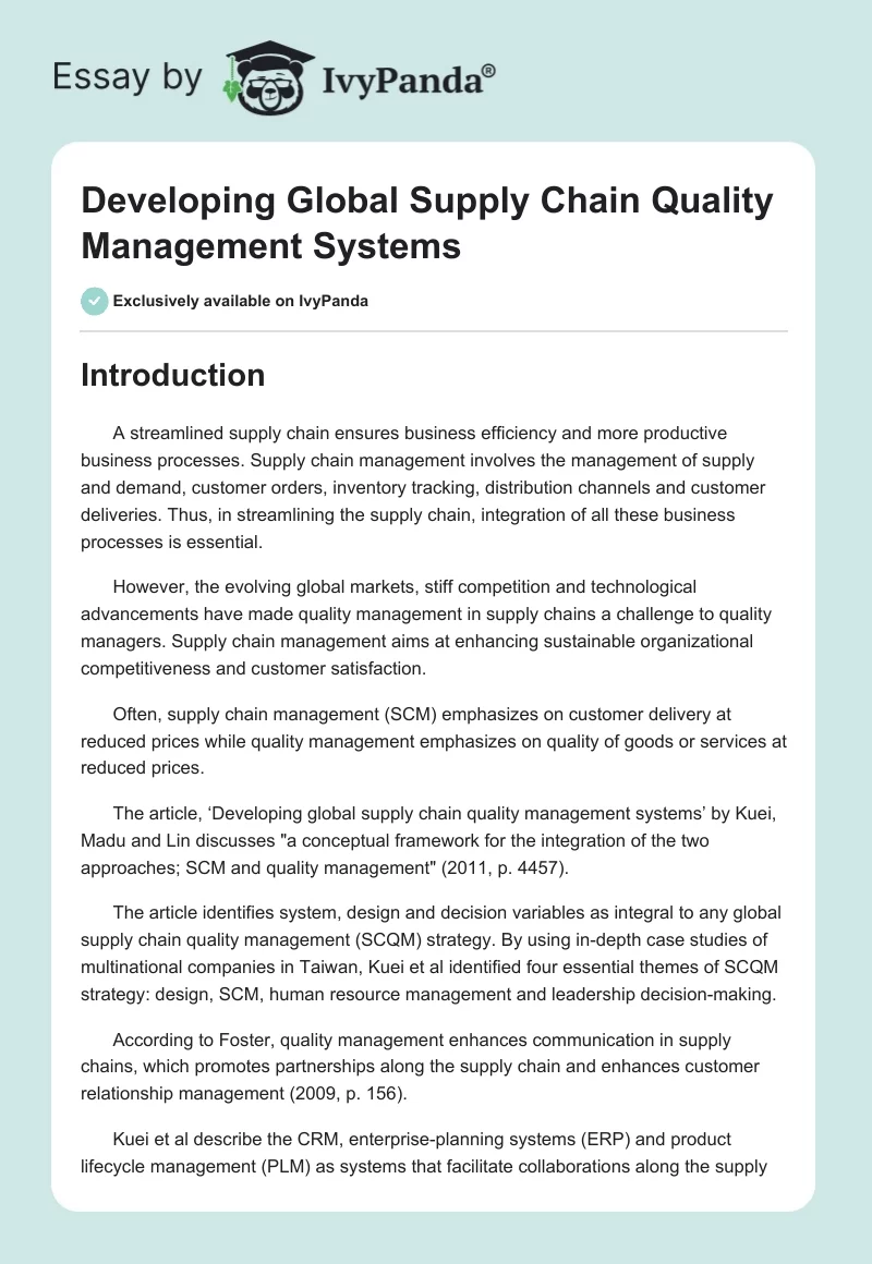 Developing Global Supply Chain Quality Management Systems. Page 1