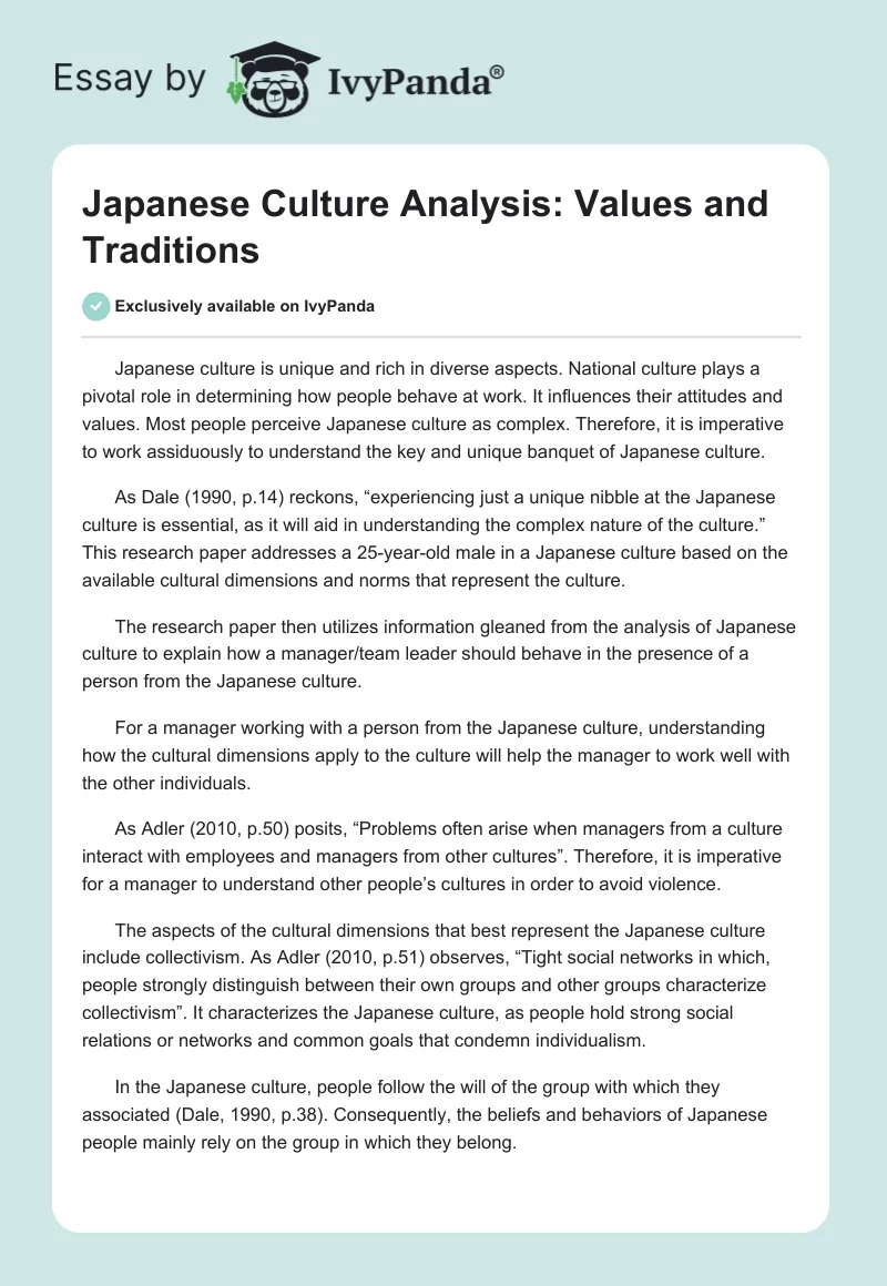 Japanese Culture Analysis: Values and Traditions. Page 1