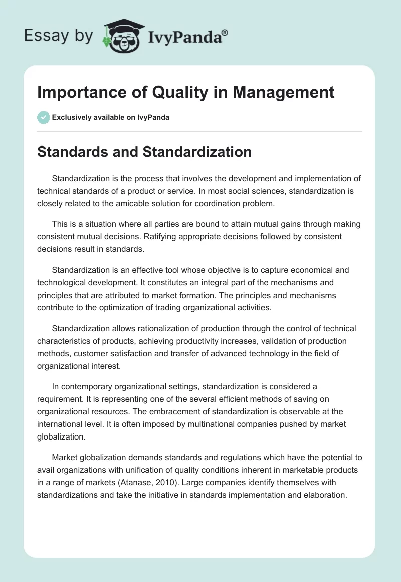 Importance of Quality in Management. Page 1