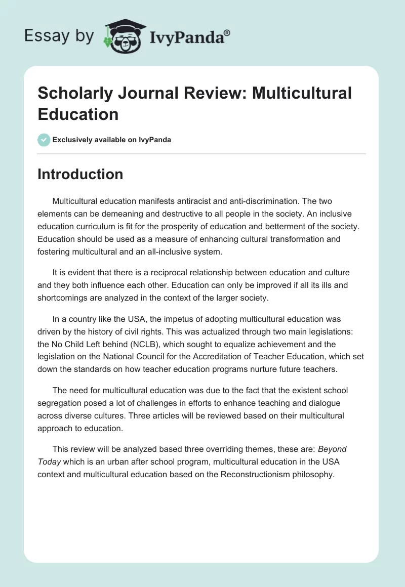 Scholarly Journal Review: Multicultural Education. Page 1