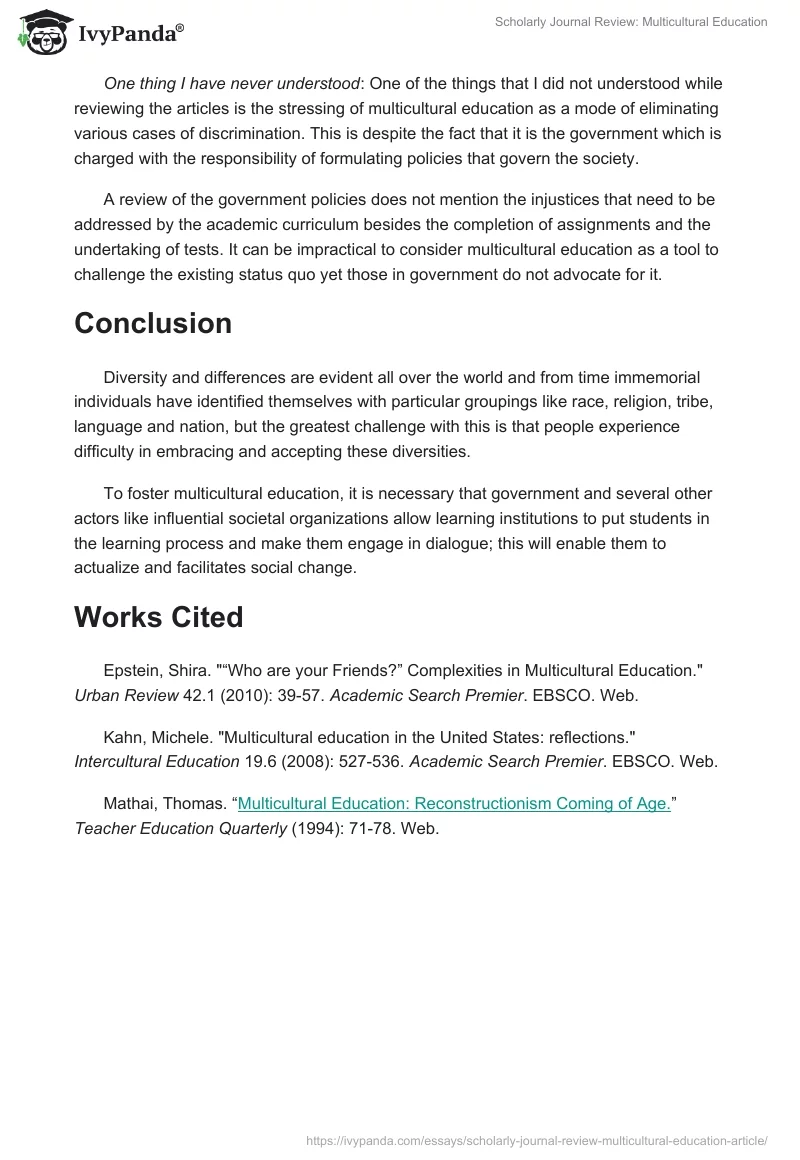 Scholarly Journal Review: Multicultural Education. Page 5