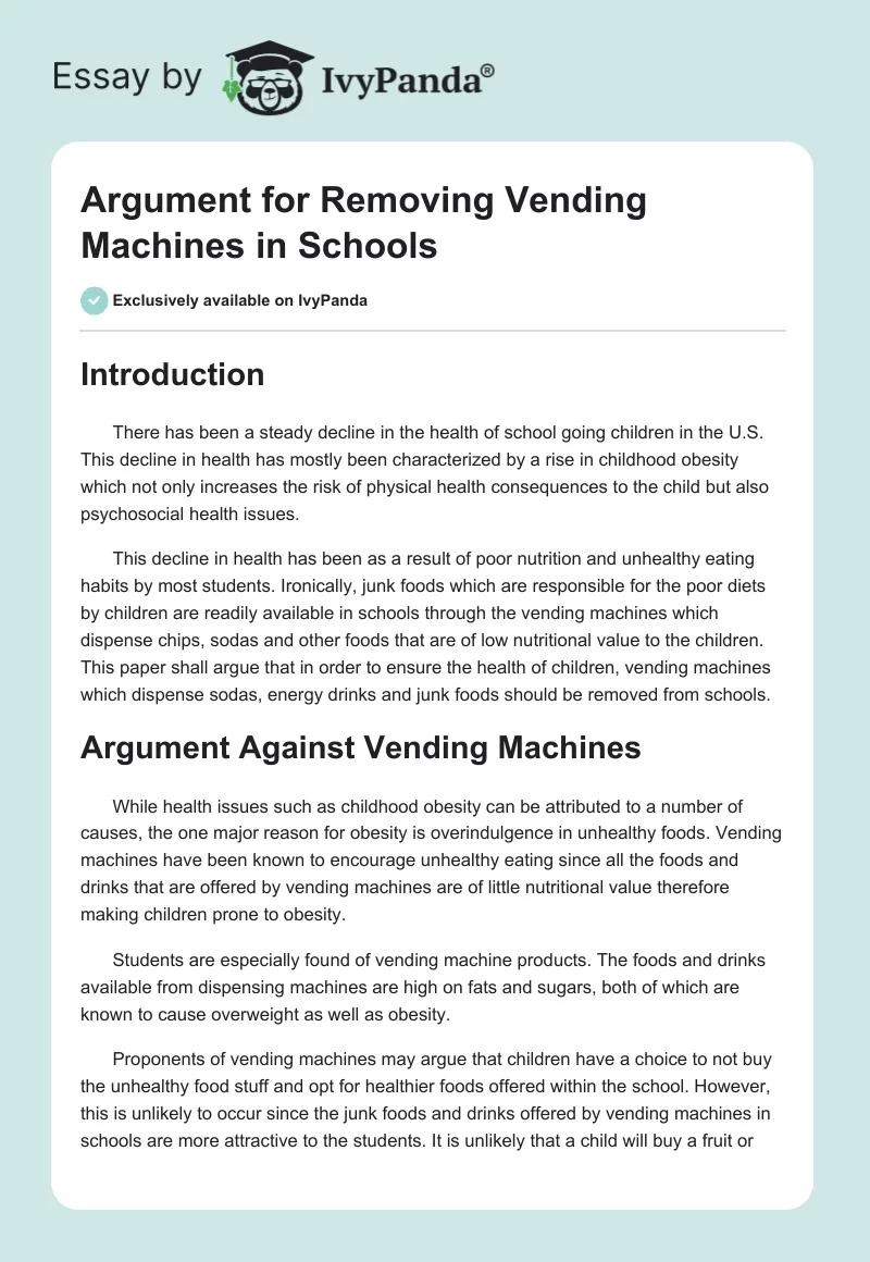 Argument for Removing Vending Machines in Schools. Page 1
