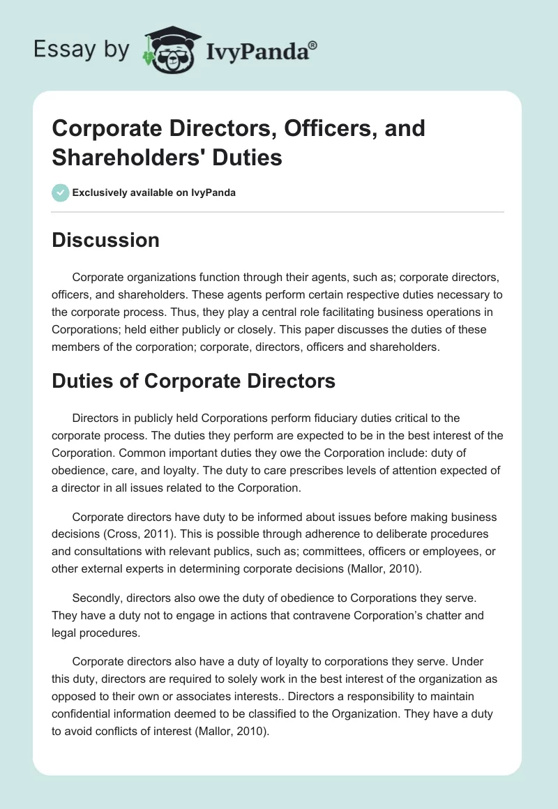 Corporate Directors, Officers, and Shareholders' Duties. Page 1