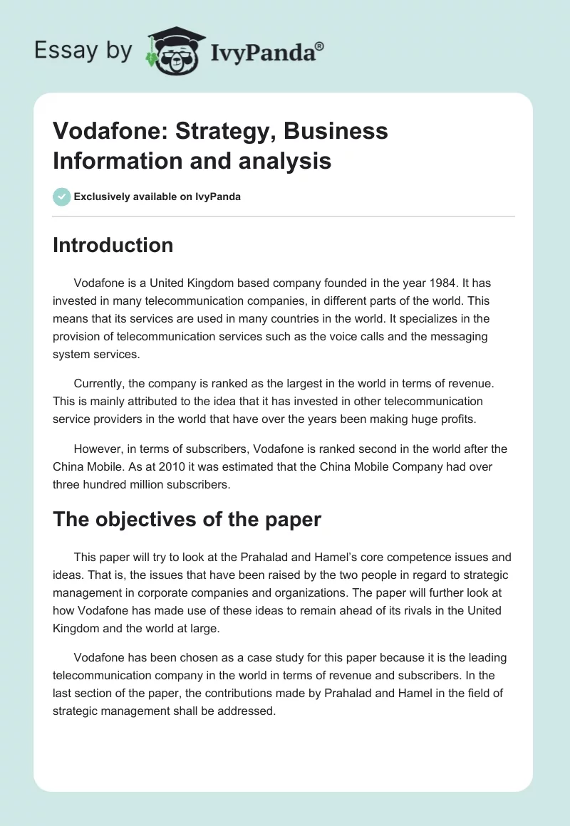 Vodafone: Strategy, Business Information and analysis. Page 1