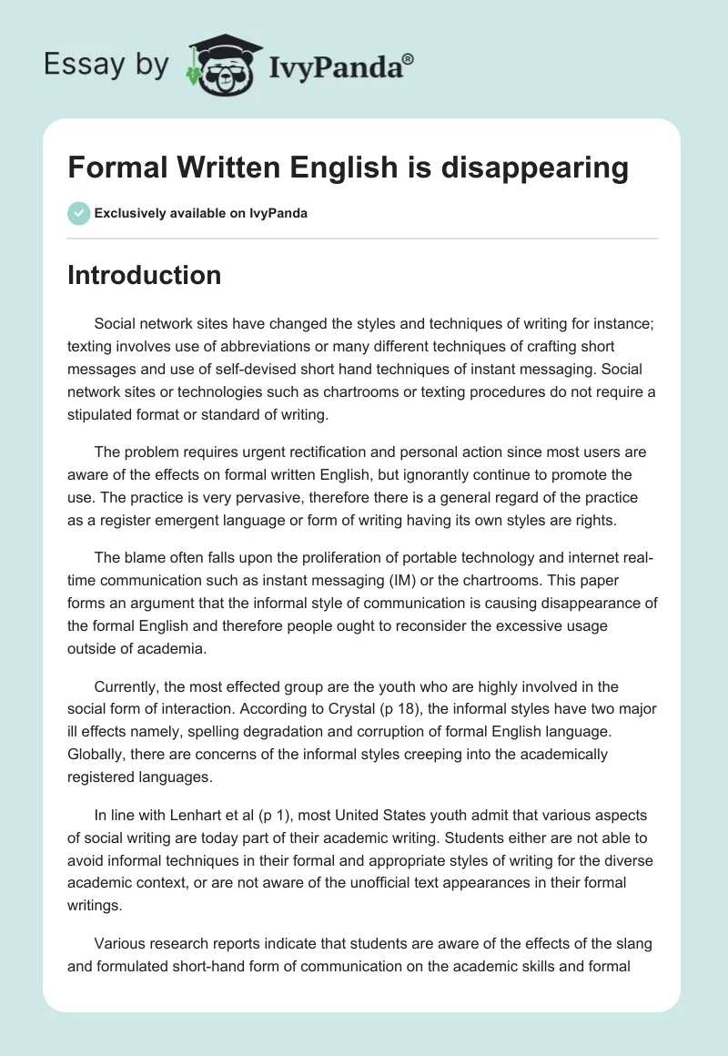 Formal Written English is disappearing. Page 1