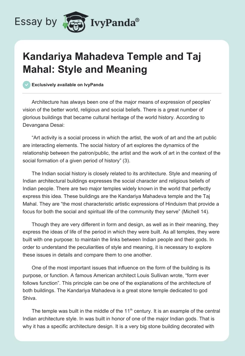 Kandariya Mahadeva Temple and Taj Mahal: Style and Meaning. Page 1