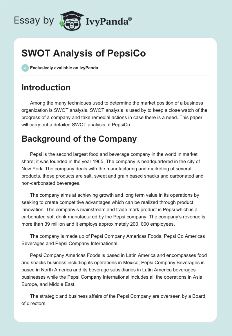 SWOT Analysis of PepsiCo. Page 1