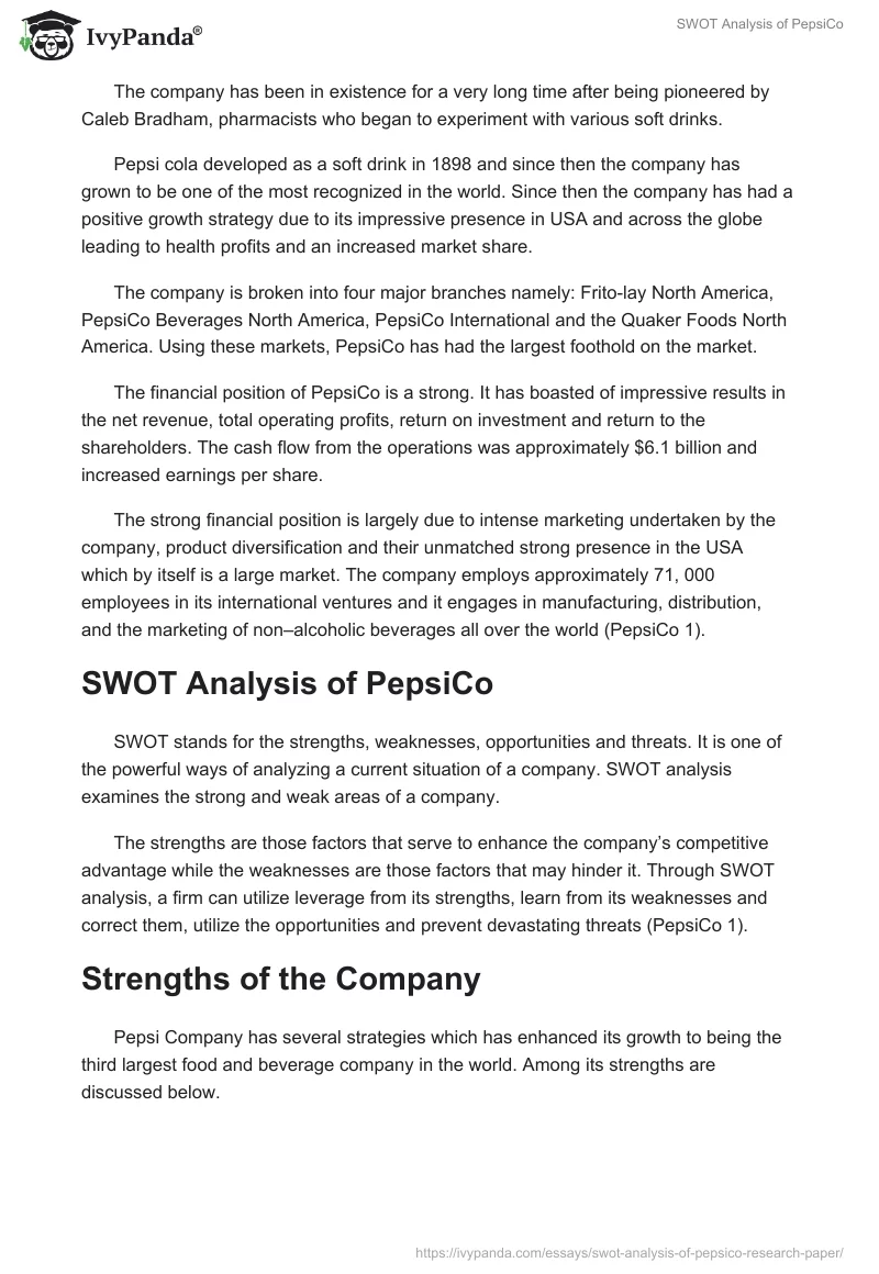 SWOT Analysis of PepsiCo. Page 2