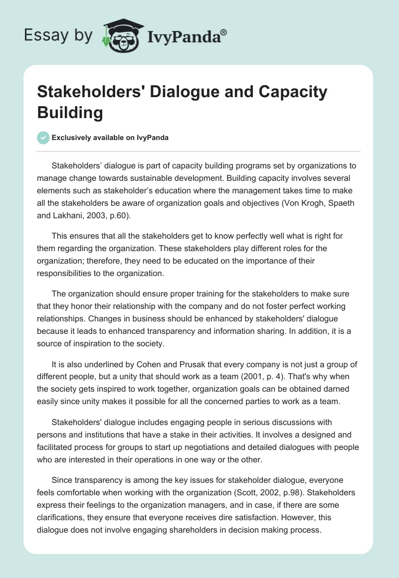 Stakeholders' Dialogue and Capacity Building. Page 1
