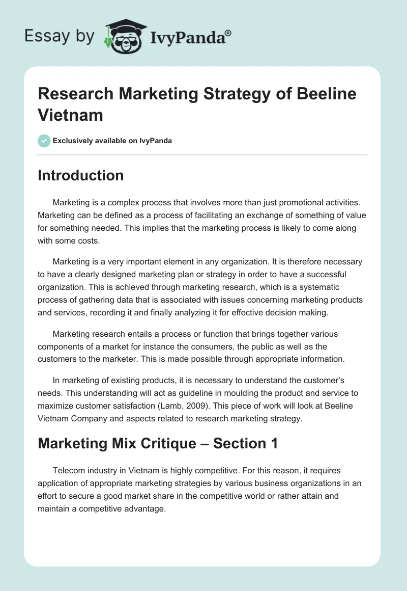 Research Marketing Strategy of Beeline Vietnam. Page 1
