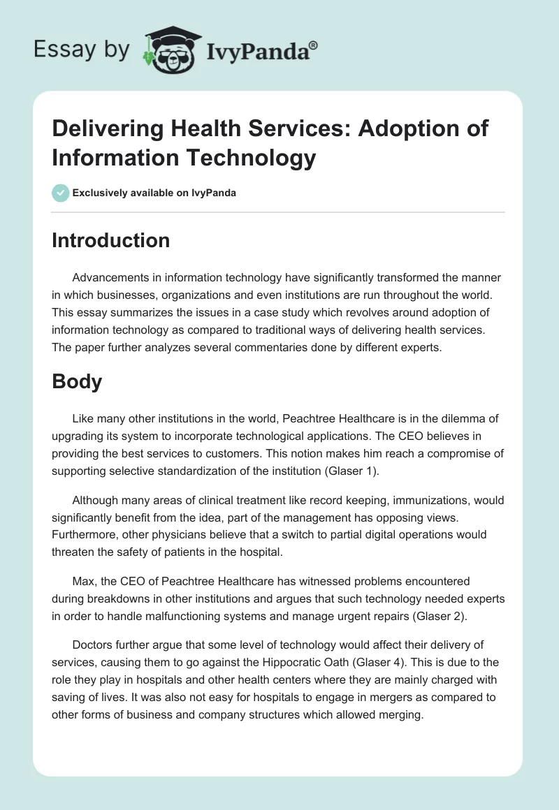 Delivering Health Services: Adoption of Information Technology. Page 1