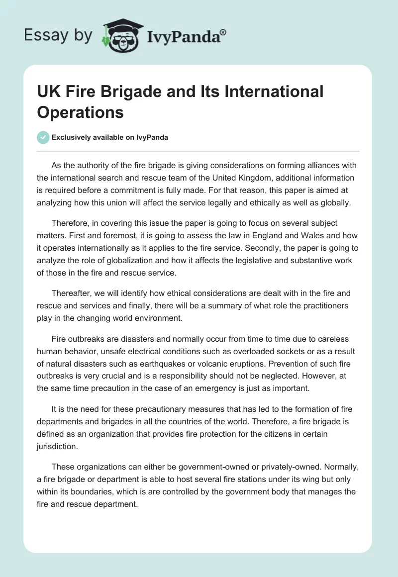UK Fire Brigade and Its International Operations. Page 1