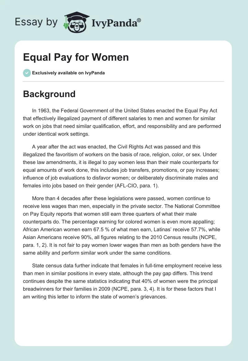 Equal Pay for Women. Page 1