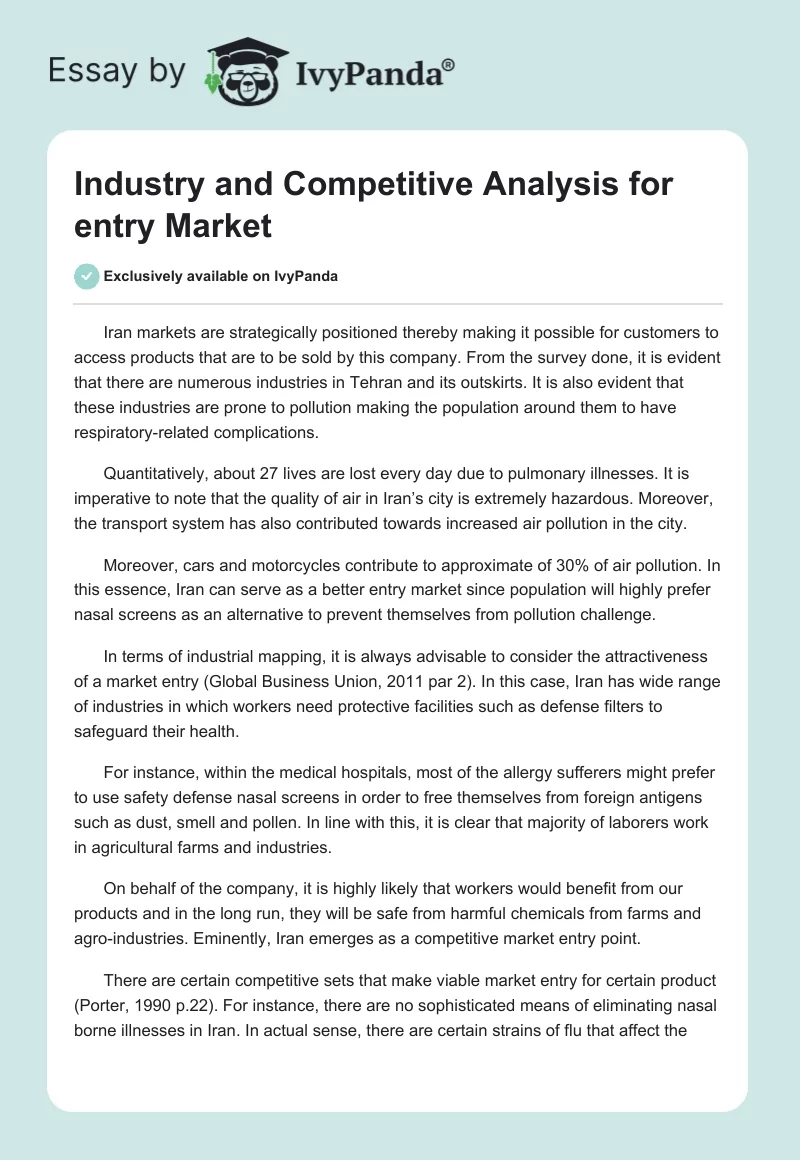 Industry and Competitive Analysis for entry Market. Page 1