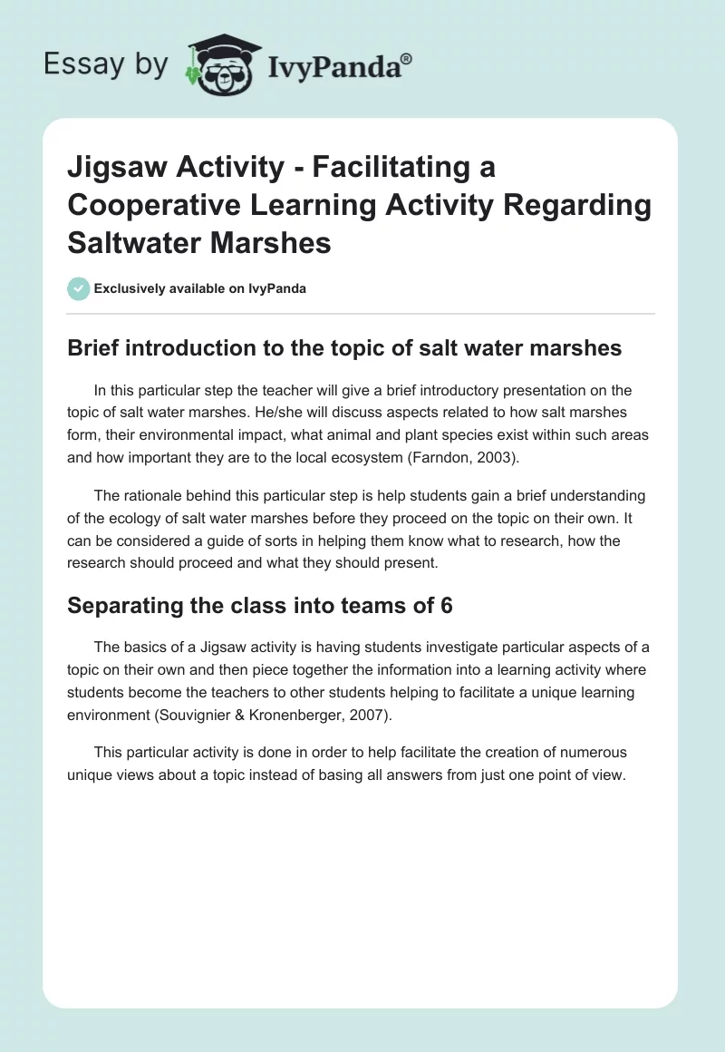 Jigsaw Activity - Facilitating a Cooperative Learning Activity Regarding Saltwater Marshes. Page 1
