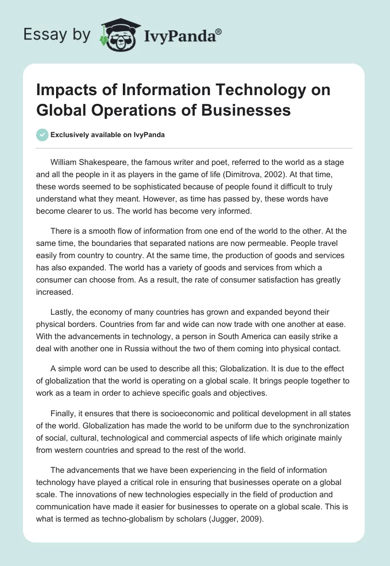 Impacts of Information Technology on Global Operations of Businesses. Page 1
