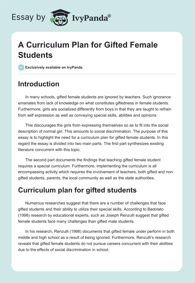 A Curriculum Plan for Gifted Female Students. Page 1