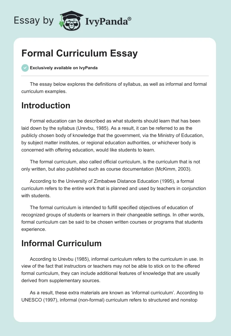 Formal Curriculum Essay. Page 1
