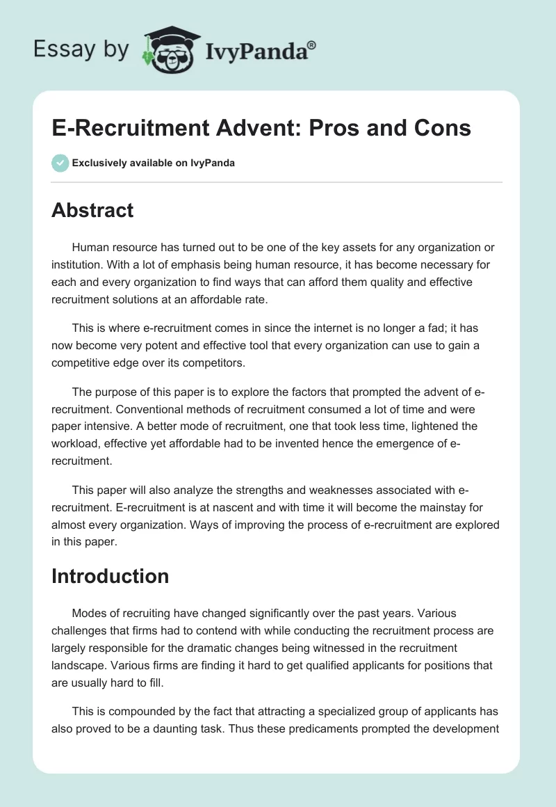 E-Recruitment Advent: Pros and Cons. Page 1