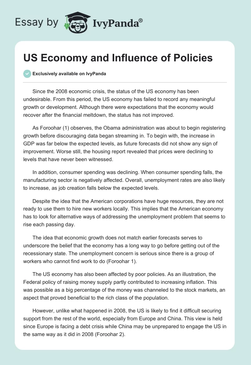 US Economy and Influence of Policies. Page 1