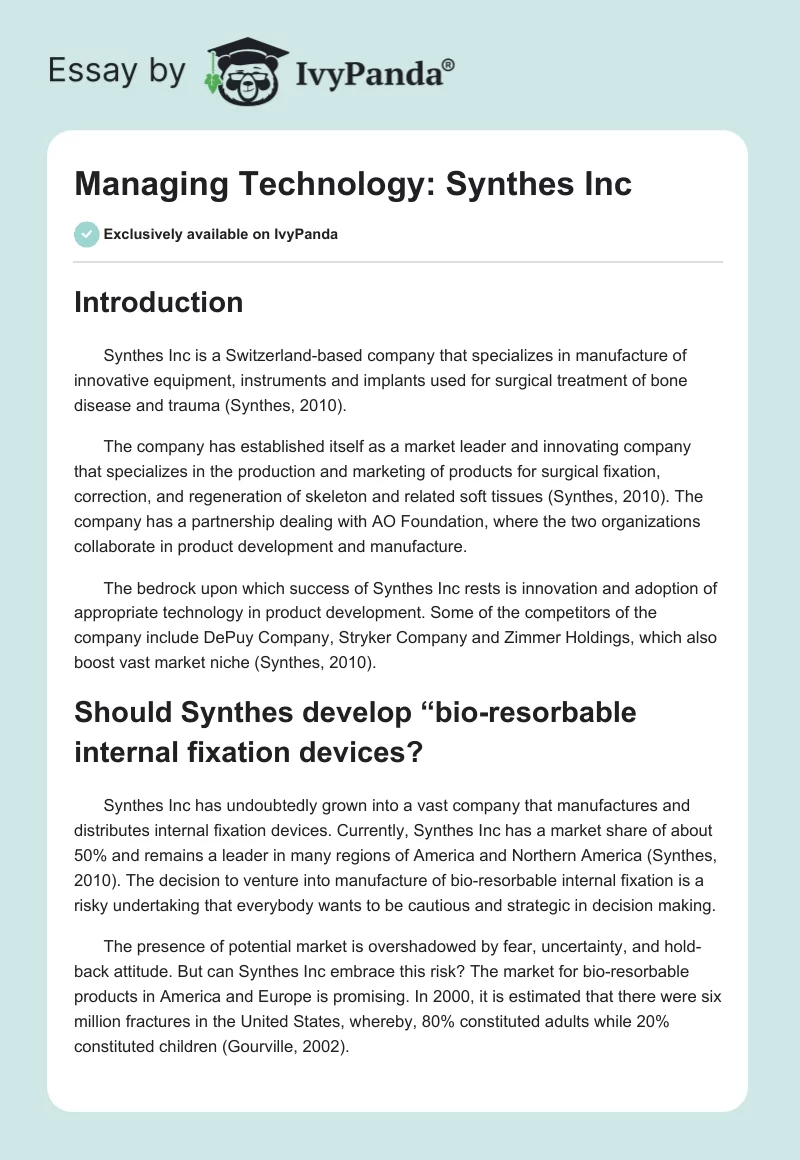 Managing Technology: Synthes Inc. Page 1