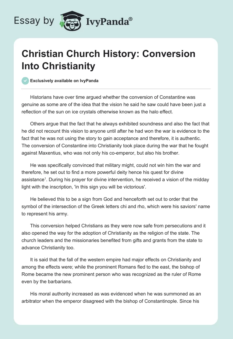 Christian Church History: Conversion Into Christianity. Page 1