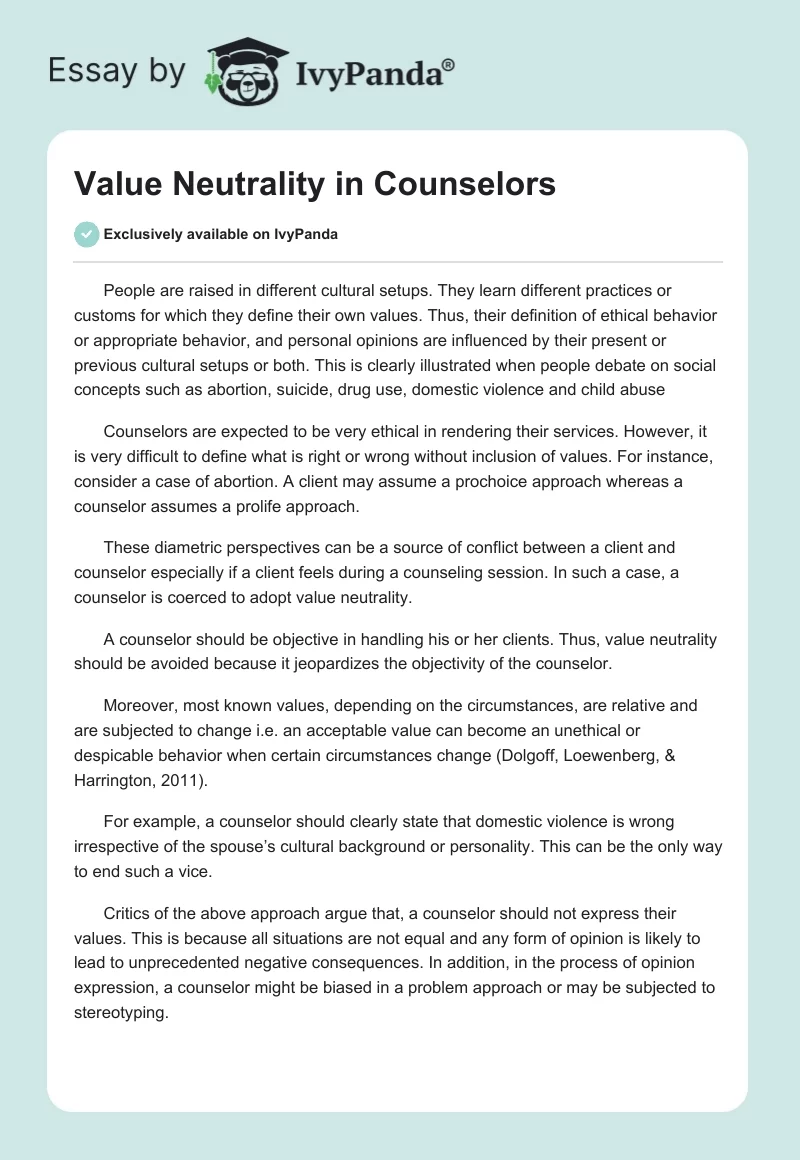 Value Neutrality in Counselors. Page 1