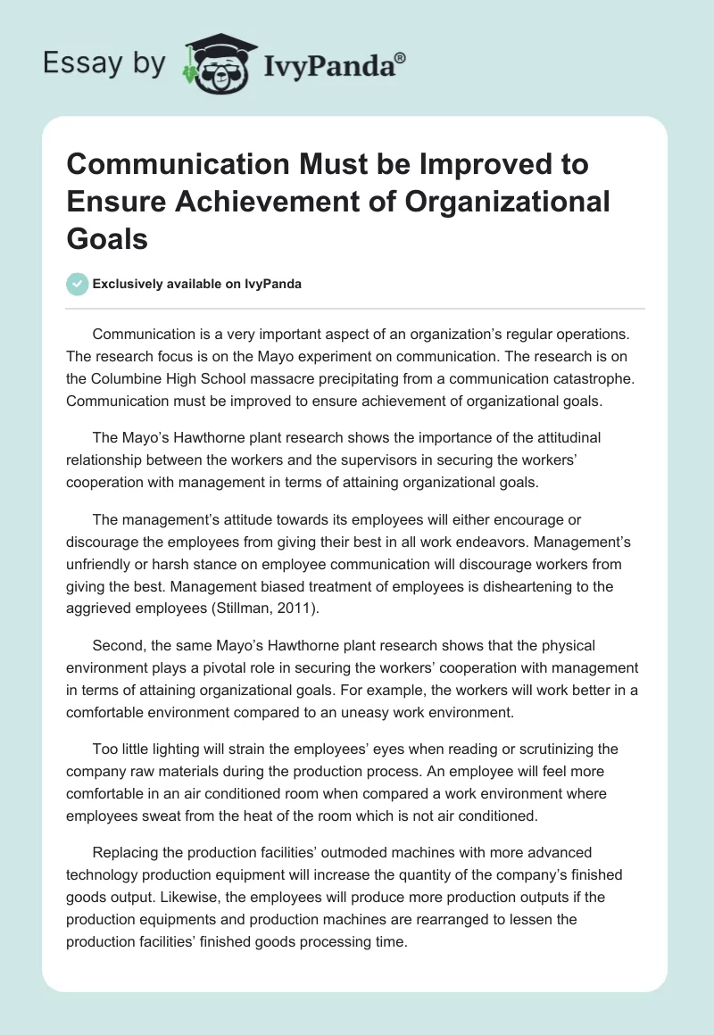 Communication Must Be Improved to Ensure Achievement of Organizational Goals. Page 1
