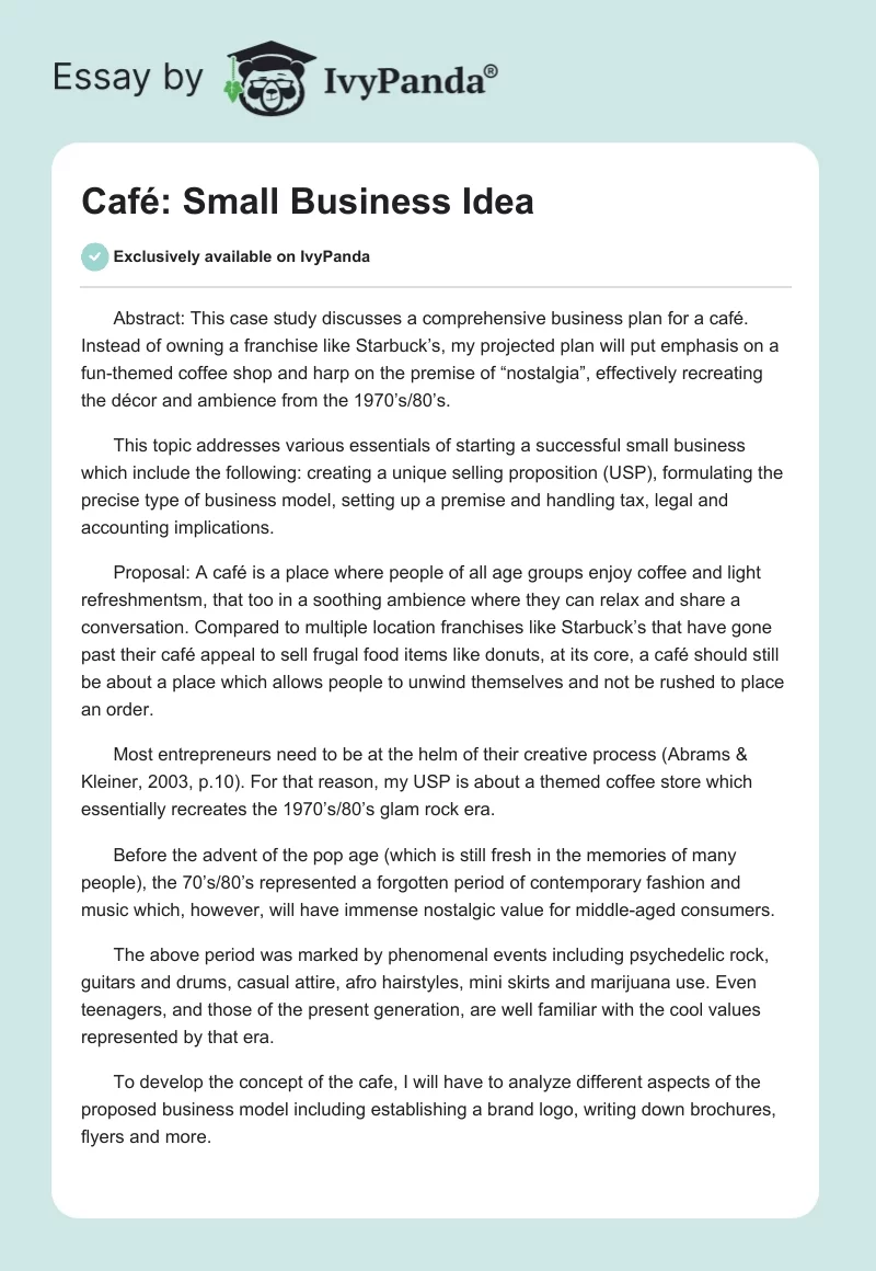 Café: Small Business Idea. Page 1