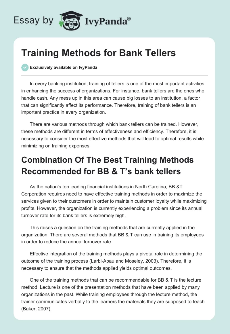 Training Methods for Bank Tellers. Page 1