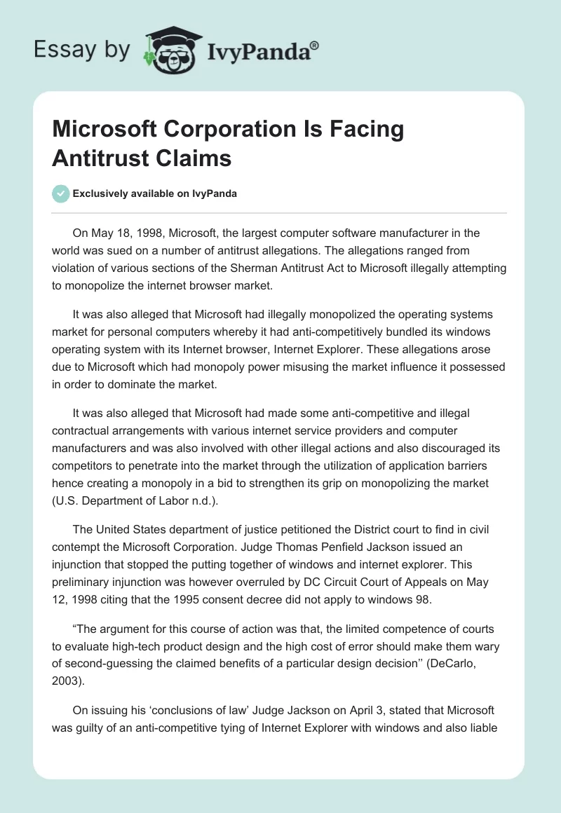 Microsoft Corporation Is Facing Antitrust Claims. Page 1