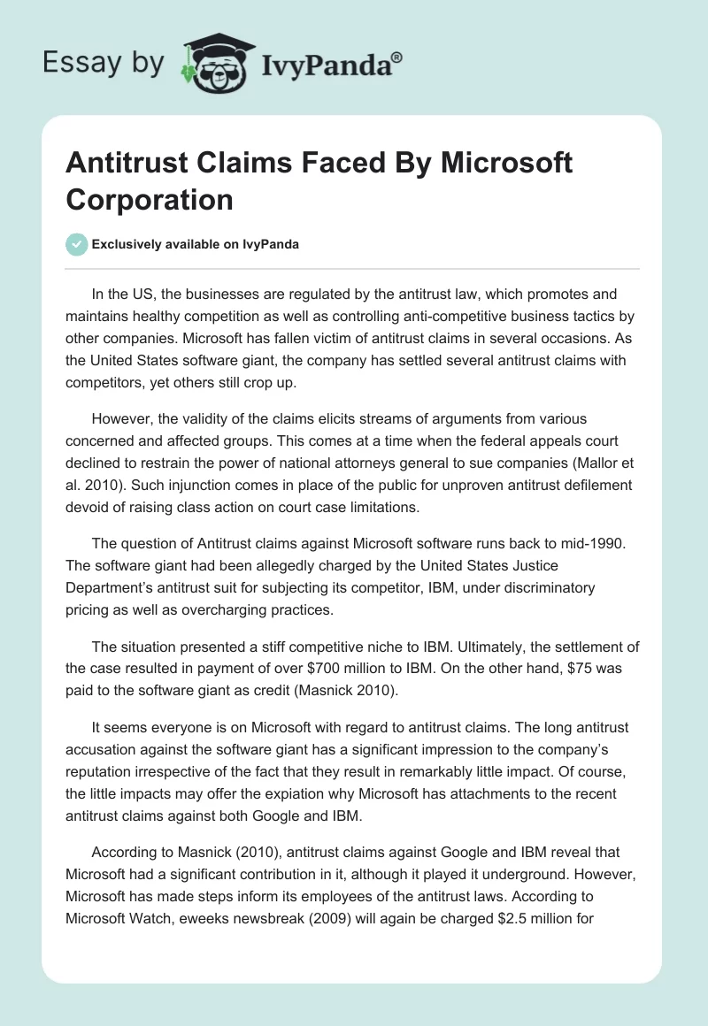 Antitrust Claims Faced by Microsoft Corporation. Page 1