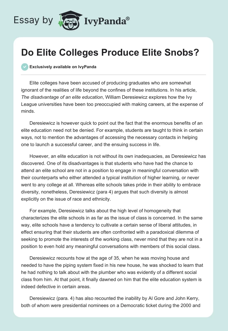 Do Elite Colleges Produce Elite Snobs?. Page 1