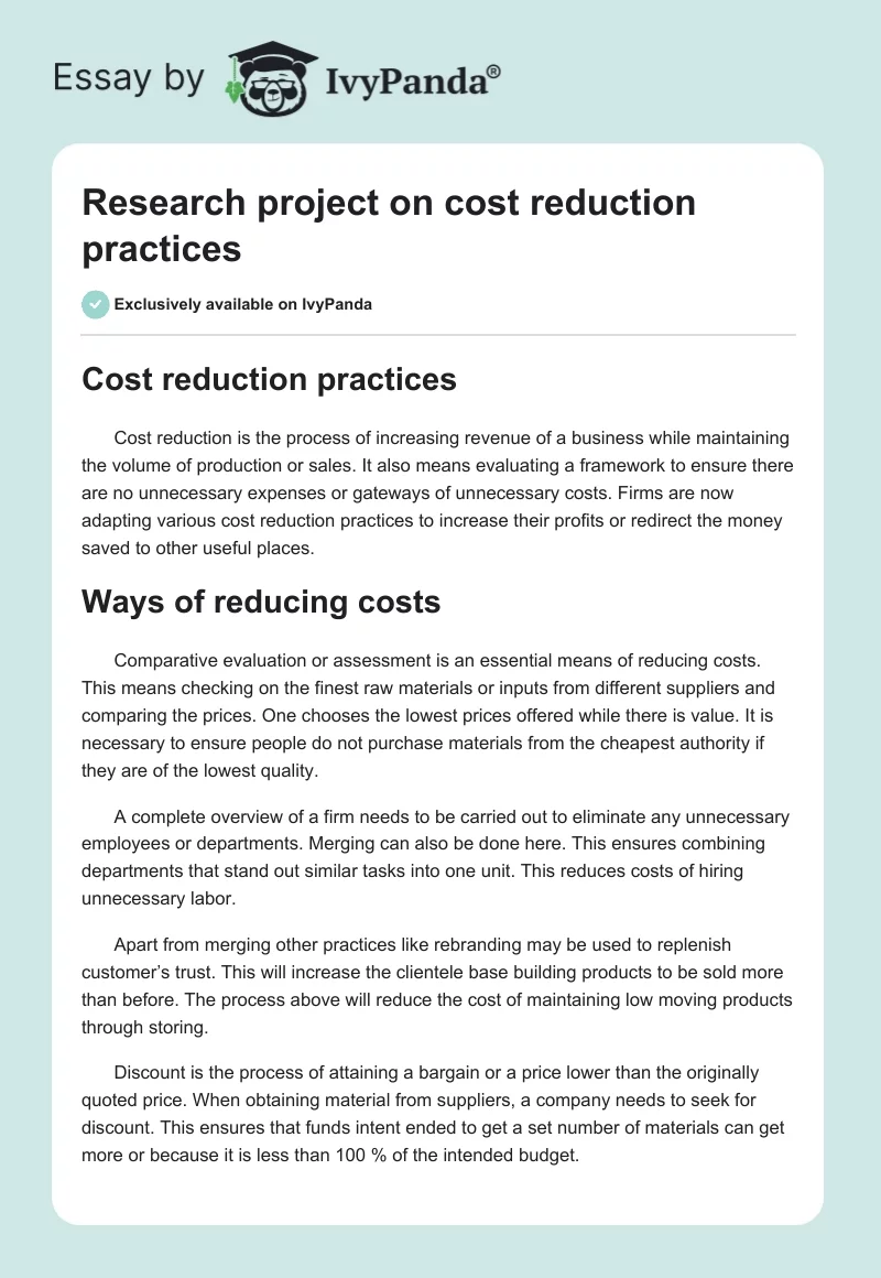 Research project on cost reduction practices. Page 1