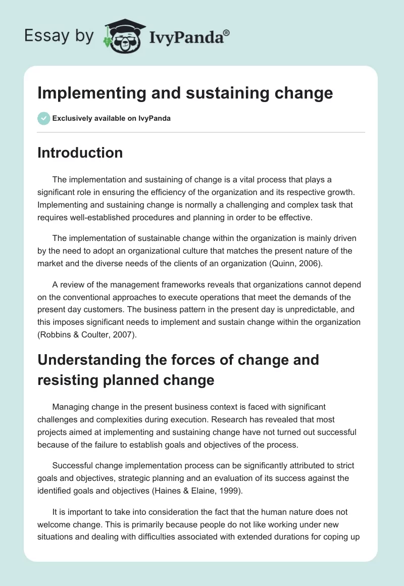 Implementing and sustaining change. Page 1