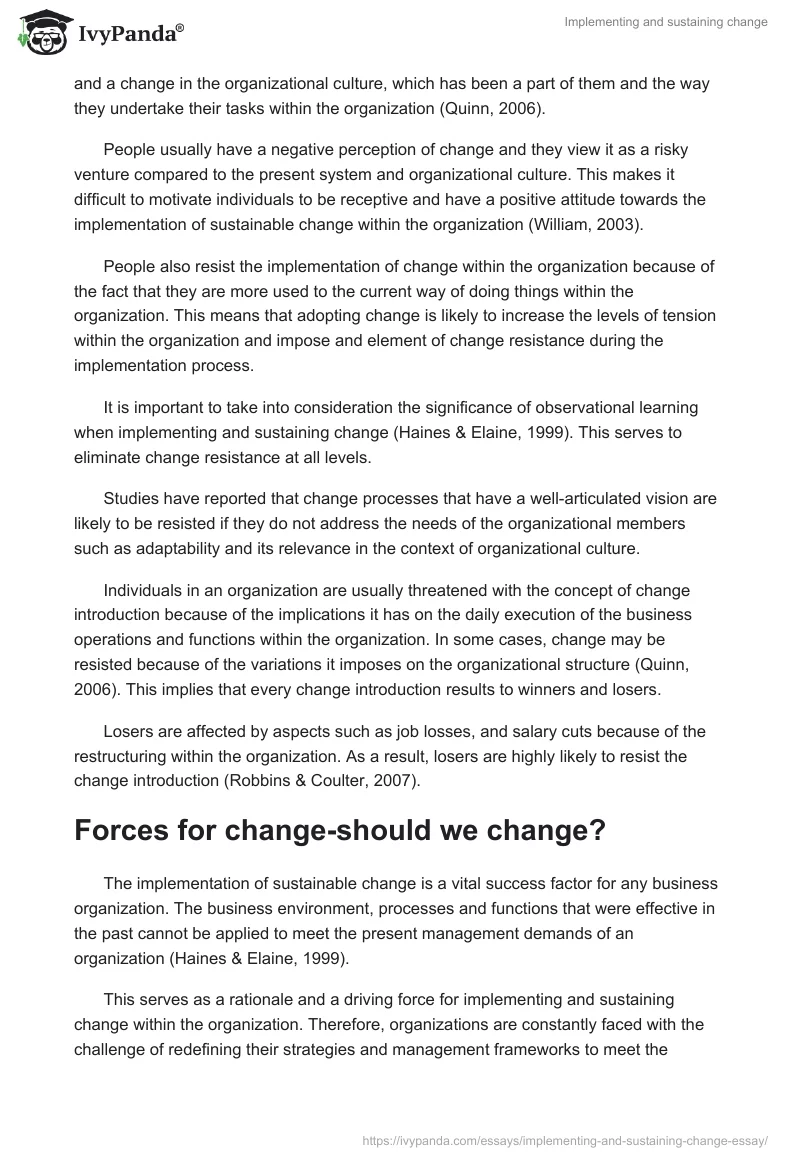 Implementing and sustaining change. Page 2