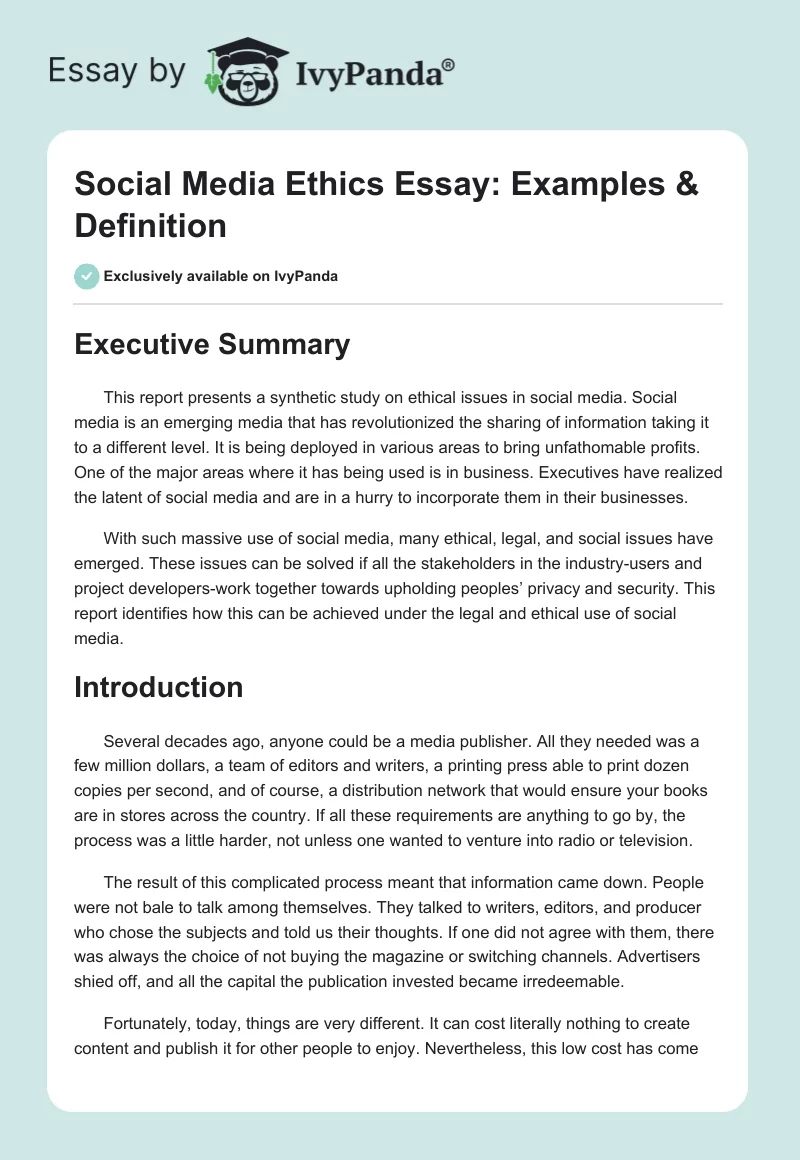 Social Media Ethics Essay: Examples & Definition. Page 1