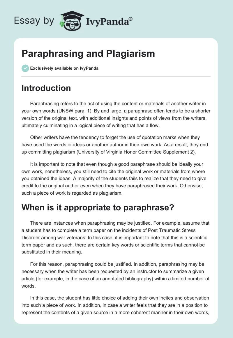 Paraphrasing and Plagiarism. Page 1