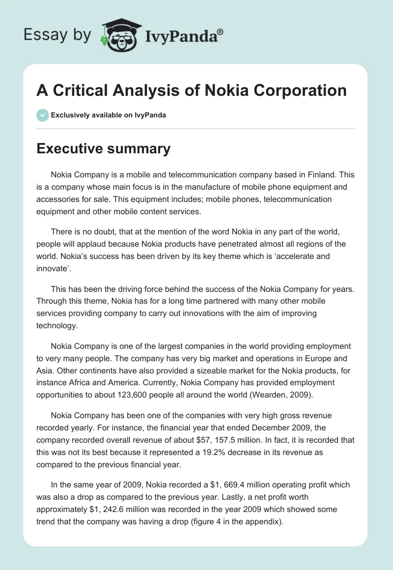 A Critical Analysis of Nokia Corporation. Page 1