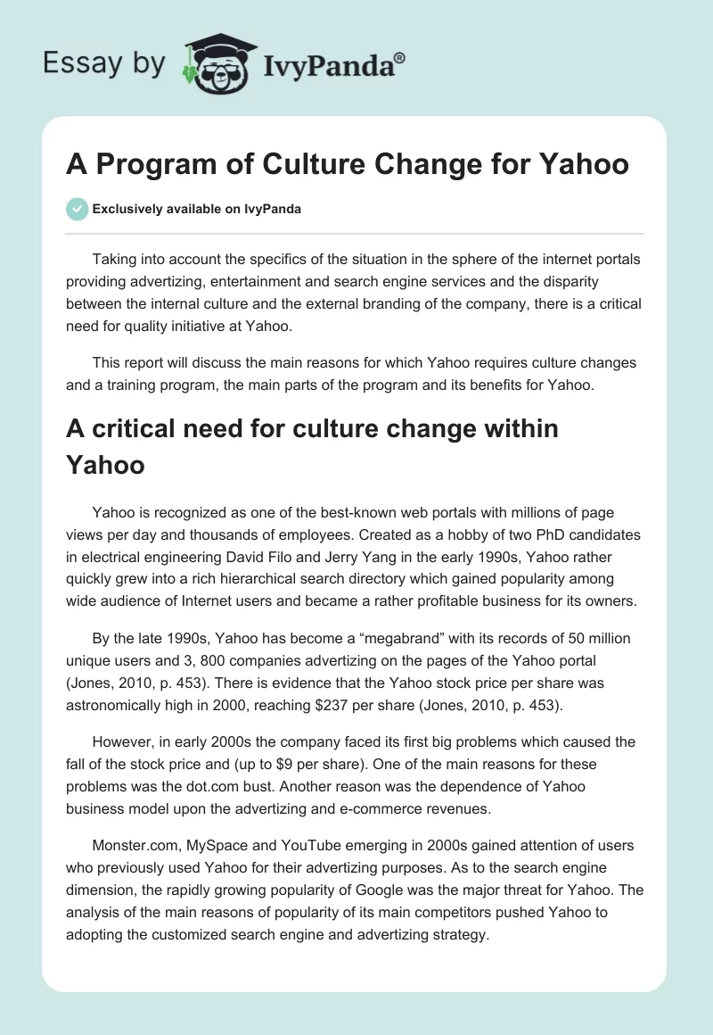 A Program of Culture Change for Yahoo. Page 1