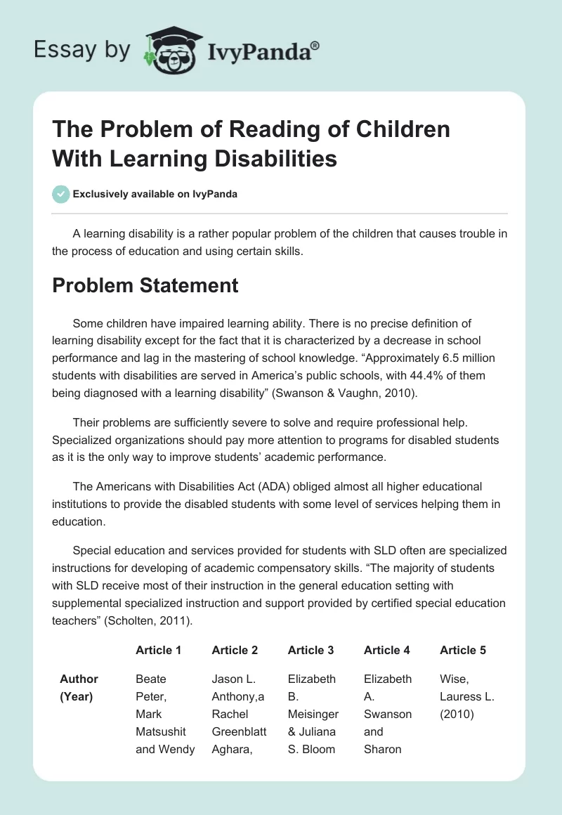 The Problem of Reading of Children With Learning Disabilities. Page 1
