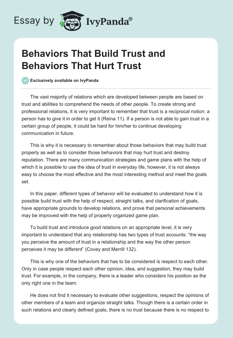 Behaviors That Build Trust and Behaviors That Hurt Trust. Page 1