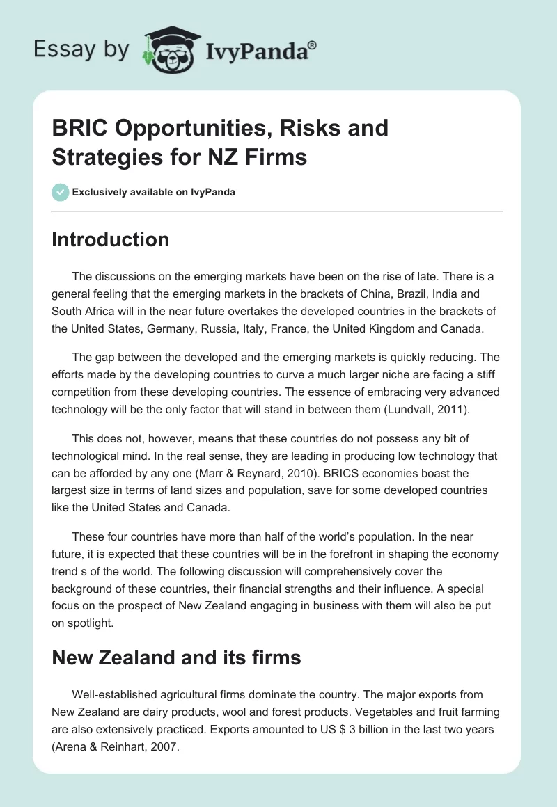 BRIC Opportunities, Risks and Strategies for NZ Firms. Page 1