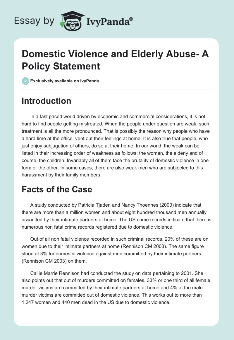 Domestic Violence and Elderly Abuse- A Policy Statement. Page 1