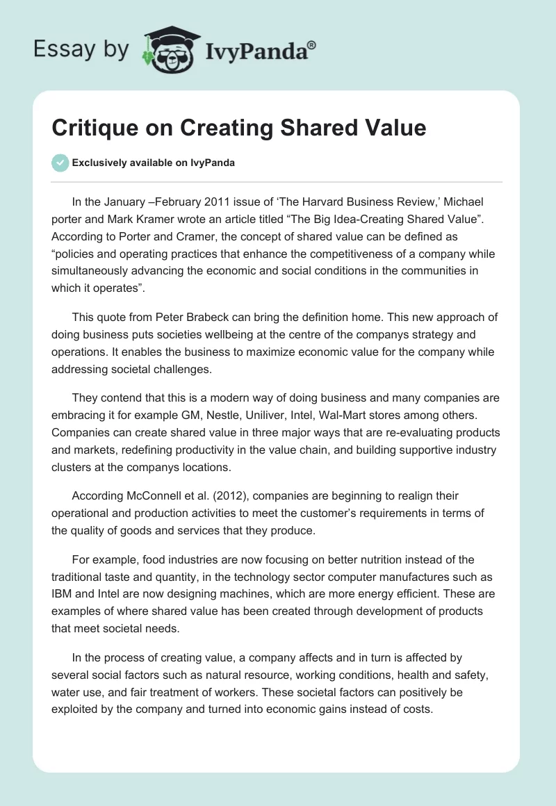 Critique on Creating Shared Value. Page 1