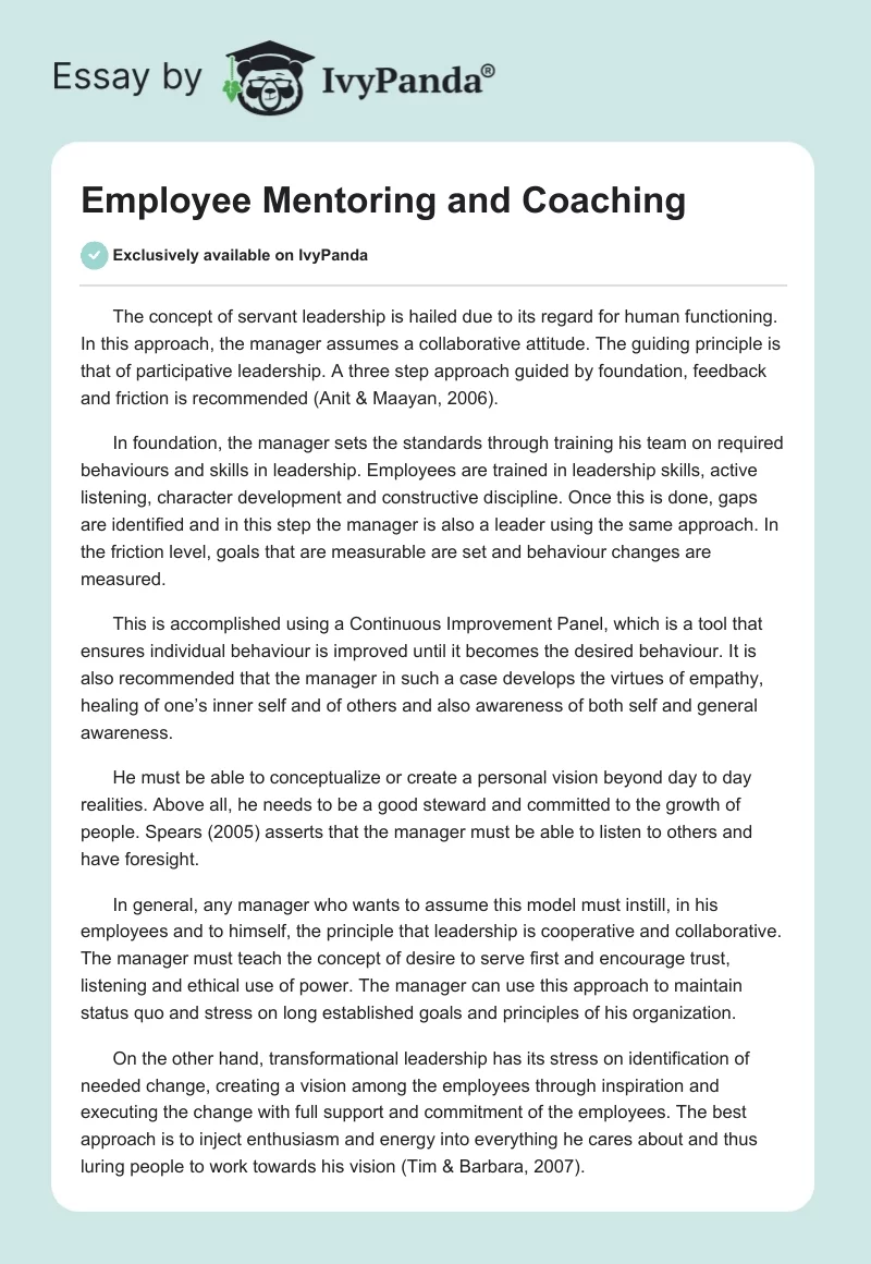 Employee Mentoring and Coaching - 591 Words | Essay Example