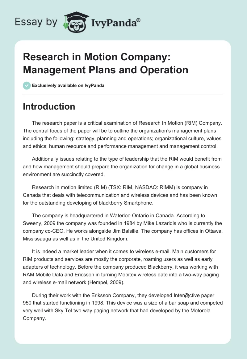 Research in Motion Company: Management Plans and Operation. Page 1